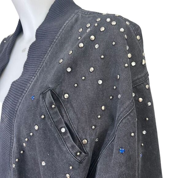 TRASH CLOTHING Vintage 90s Black Acid Washed‎ Studded & Beaded Denim Jacket sz L - Picture 4 of 9